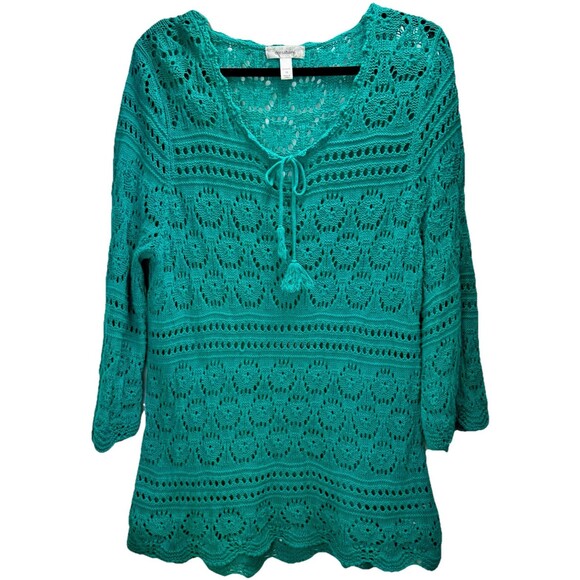 Dressbarn 1X Crochet Knit Teal Top 100%‎ Cotton 3/4 Sleeve Pullover Lightweight - Picture 2 of 9